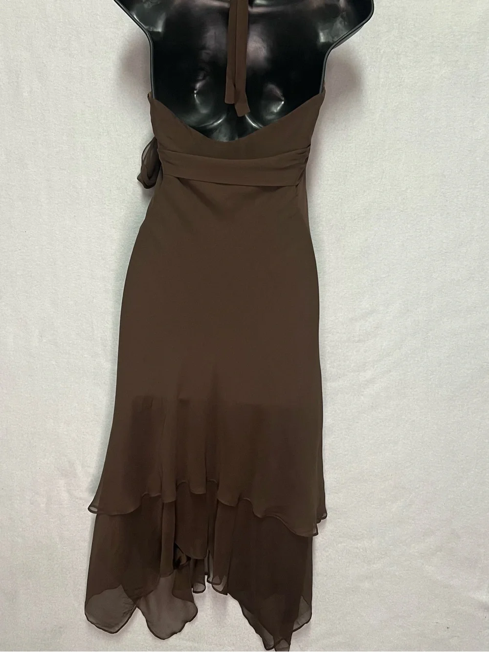 BCBG Max Azria Brown Silk Halter Dress Fairy Boho Whimsigoth Y2K Midi Asym Hem - Picture 3 of 6